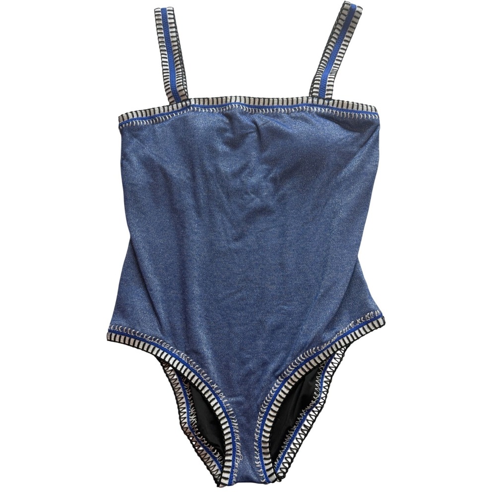PQ Swim Eclipse Crochet Trim Square Neck One Piece Blue Metallic L NEW
